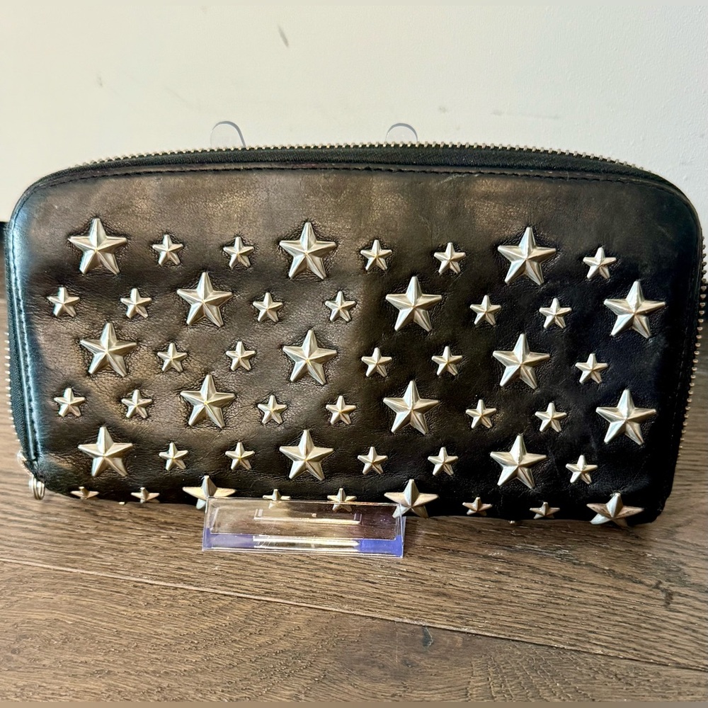 Jimmy Choo Black Star-Studded Leather Zip Wallet 8x4” - Picture 4 of 12